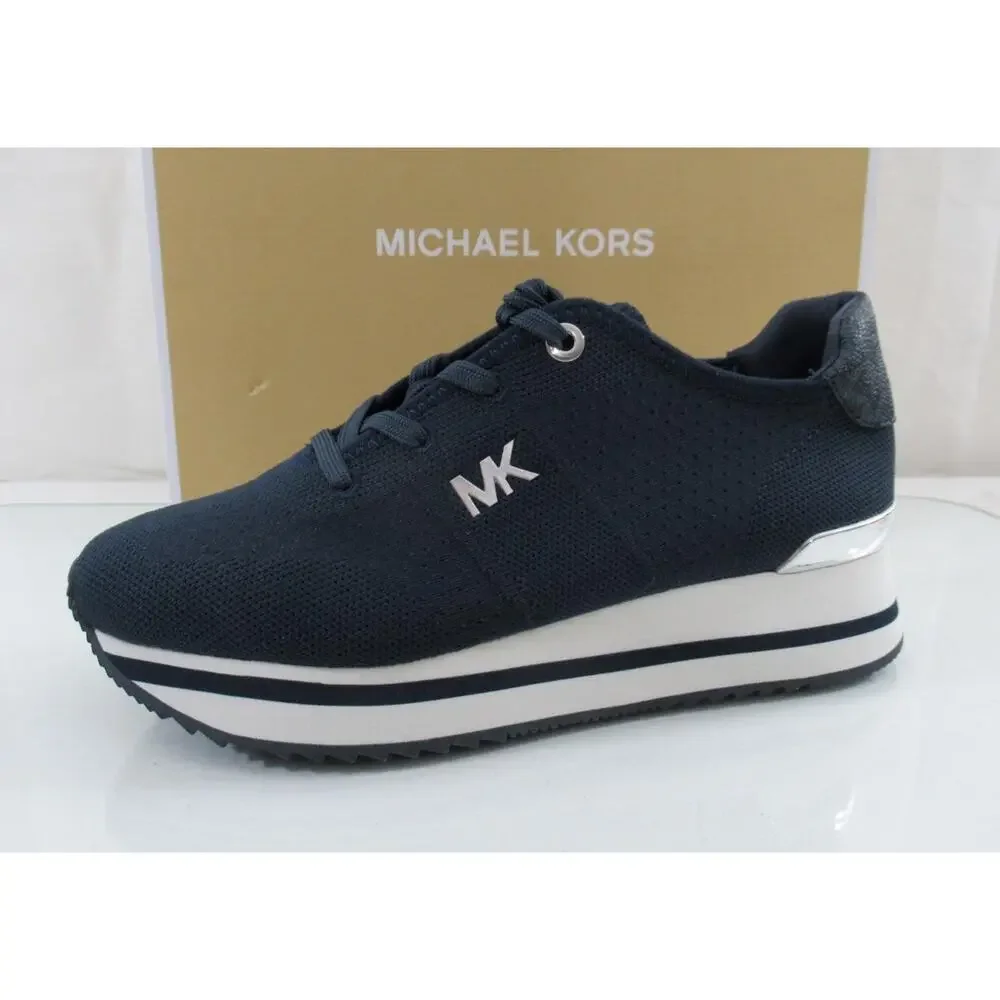 Michael Kors Monique Trainer Lace Up Sneakers MK Logo Stretch Knit Navy Size 7.5 - Picture 3 of 7